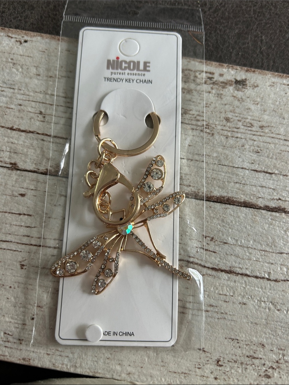 5-)25 Nicole Gold Dragonfly Keychain with Clear Crystal Accents